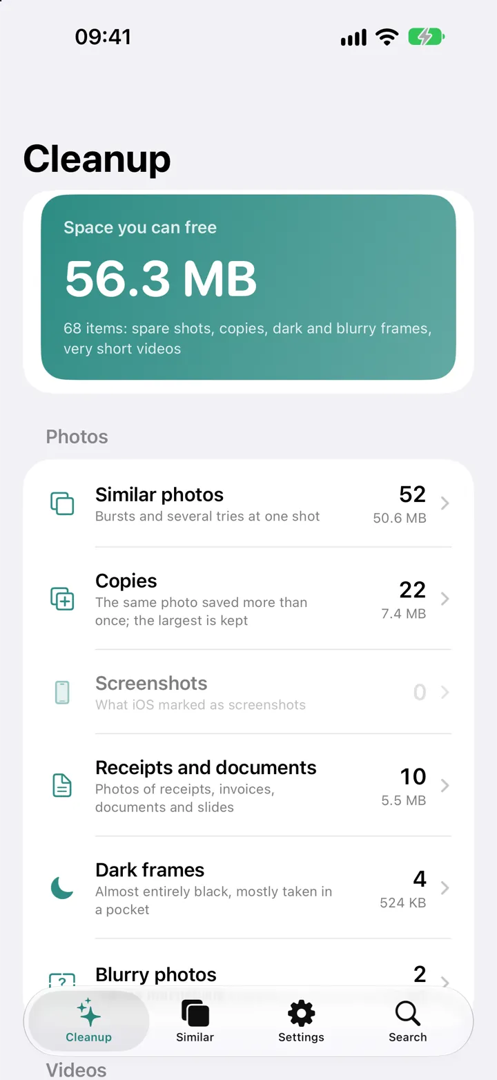 Cleanup screen: 56.3 MB can be freed, listed by similar photos, copies, receipts and documents, and dark frames
