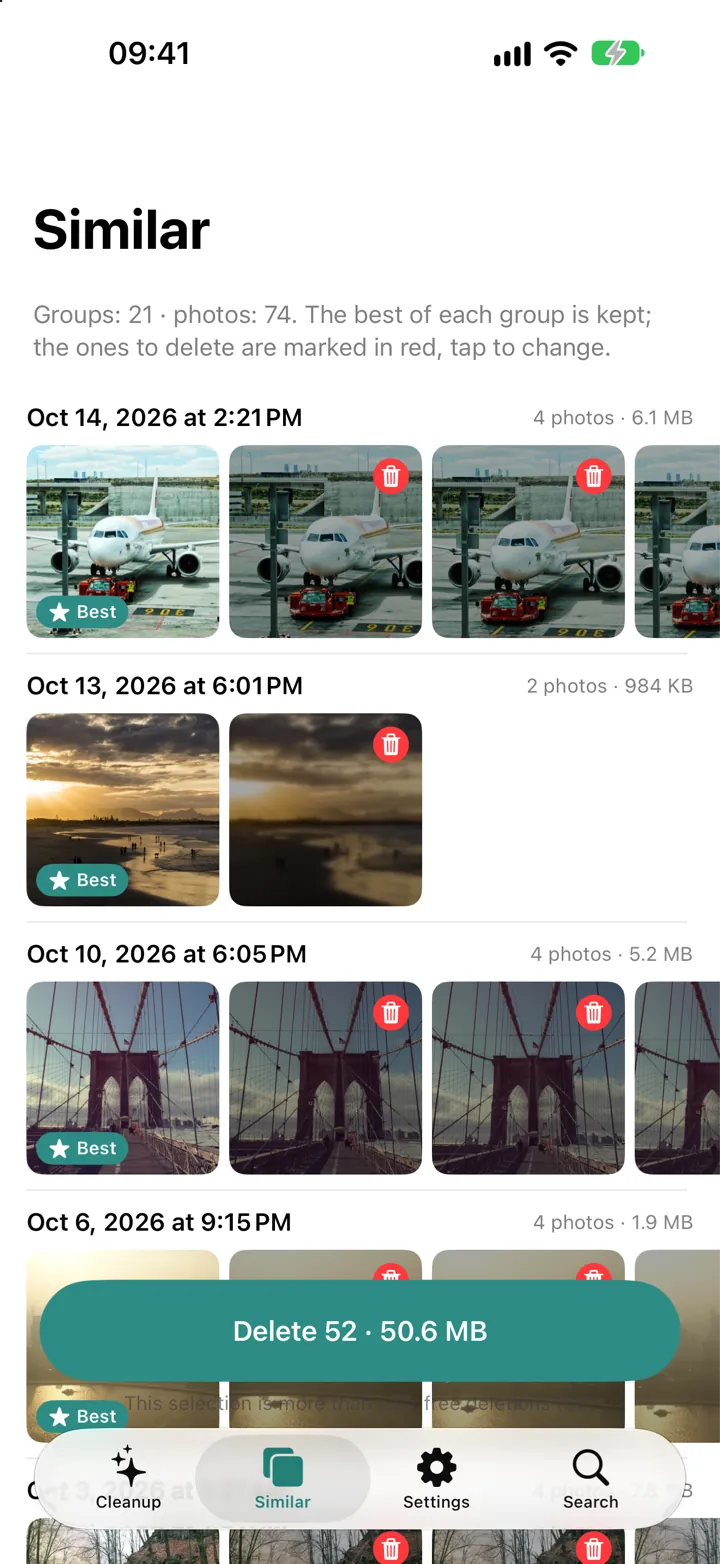 Similar screen: groups of near-identical shots, the best of each kept and the rest marked for deletion