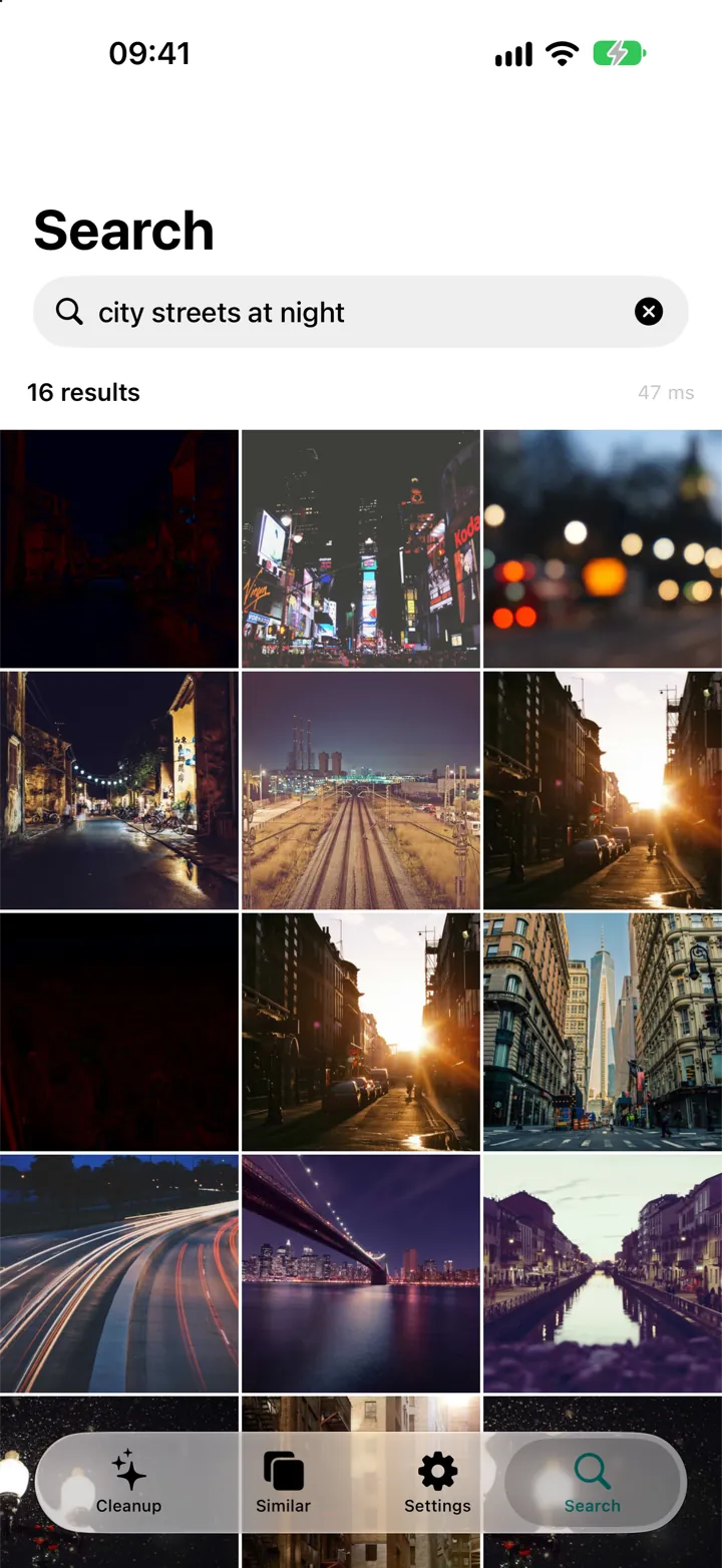 Search results for “city streets at night”: a grid of night street photos