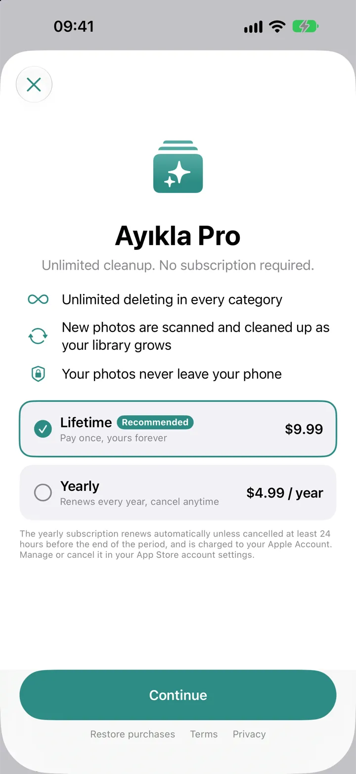 Ayıkla Pro screen with the lifetime and yearly options