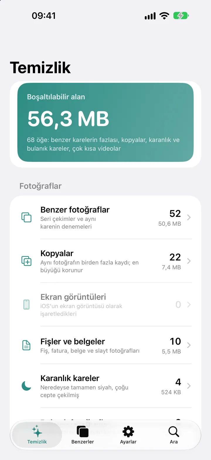 Temizlik ekranı: 56,3 MB boşaltılabilir; benzer fotoğraflar, kopyalar, fişler ve belgeler, karanlık kareler olarak listeleniyor