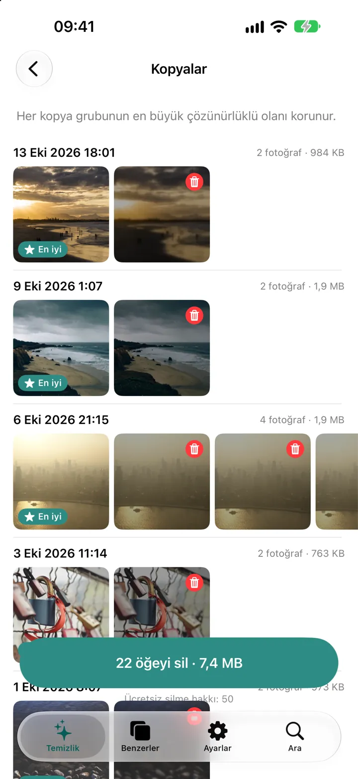 Birden fazla kaydedilmiş aynı fotoğrafları gösteren Kopyalar ekranı