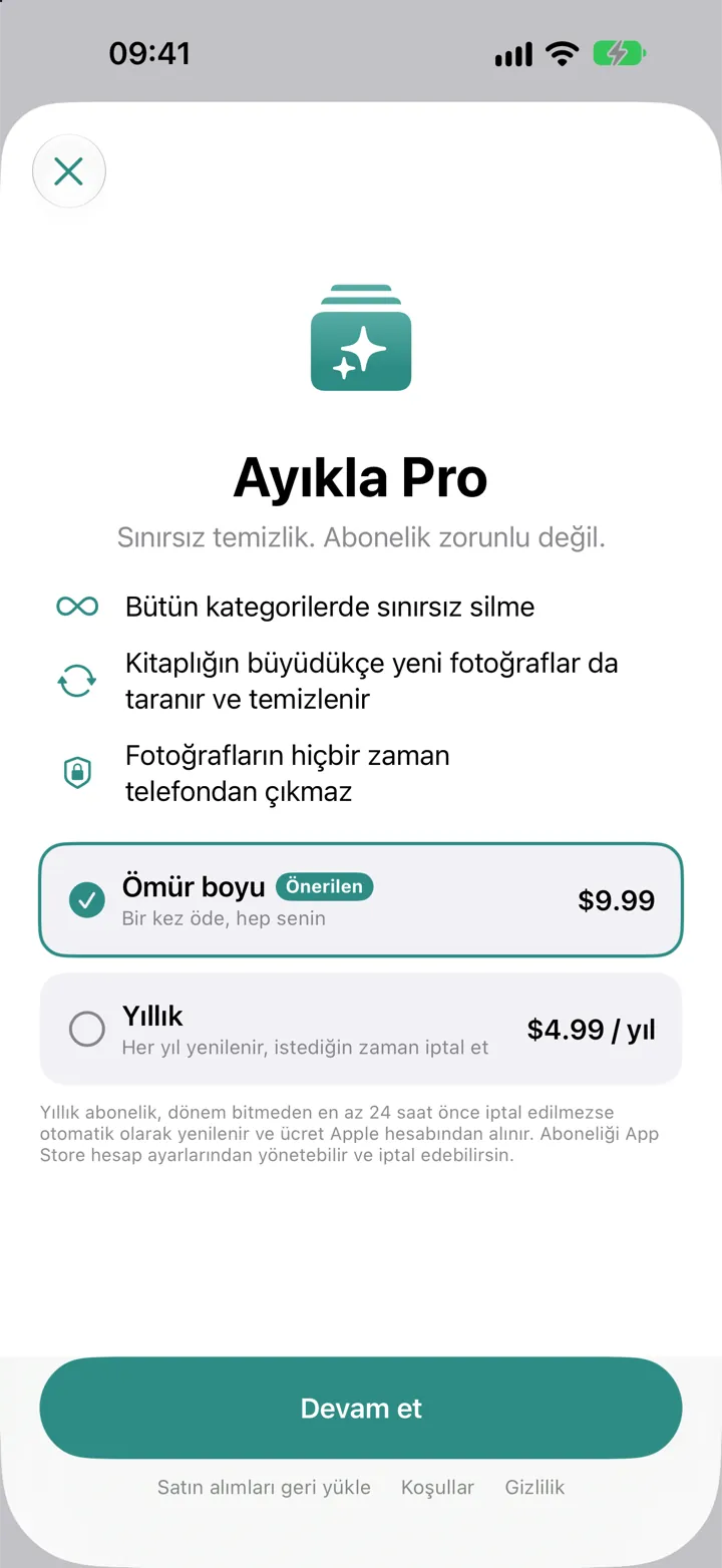 Ömür boyu ve yıllık seçenekleriyle Ayıkla Pro ekranı